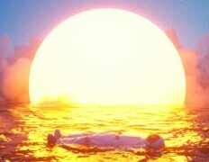 Astronaut floats in a sea under a radiant sun.