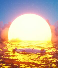 Astronaut floats in a sea under a radiant sun.